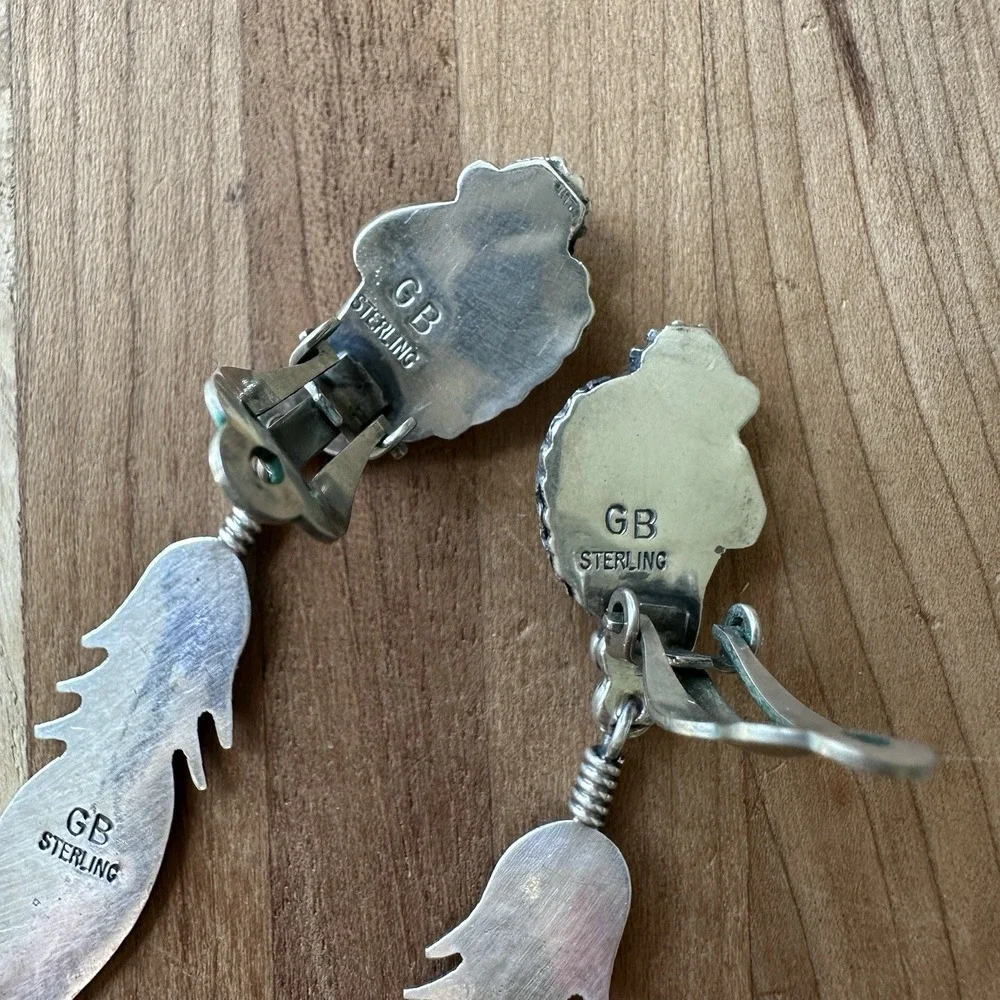 VTG Navajo George Begay‎ Clip Earrings 2.75 Inch Blossom Feather Sterling 11.2g